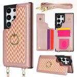 Per Samsung Galaxy S22 Ultra 5G Custodia per telefono con doppia fessura per carta posteriore e copertura completa con tracolla (oro rosa)
