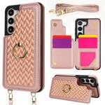 Per Samsung Galaxy S23 5G Custodia per telefono con doppia fessura per carta posteriore e copertura completa con tracolla (oro rosa)