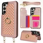 Per Samsung Galaxy S23+ 5G Custodia per telefono con doppia fessura per carta posteriore e copertura completa con tracolla (oro rosa)