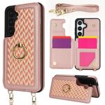 Per Samsung Galaxy S24 5G Custodia per telefono con doppia fessura per carta posteriore e copertura completa con tracolla (oro rosa)