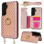 Per Samsung Galaxy S24+ 5G Custodia per telefono con doppia fessura per carta posteriore e copertura completa con tracolla (oro rosa)