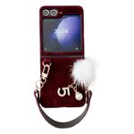 Per Samsung Galaxy Z Flip6 Custodia per telefono con copertura completa in peluche con cinturino (rosso vino)
