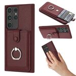Per Samsung Galaxy S22 Ultra 5G Litchi Texture Disegno Carta Borsa Anello Custodia per Telefono (Rosso Vino)