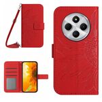 Per Redmi 14C 4G Custodia in pelle con motivo a fiore di sole in rilievo e cordino (rosso)