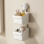 Mensola da bagno a parete con ventosa, scarico, portaoggetti staccabile, cestino appeso, stile: 2 strati, piccolo, bianco