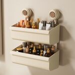 Mensola da bagno a parete con ventosa, scarico, portaoggetti staccabile, cestino appeso, stile: 2 strati, grande, marrone