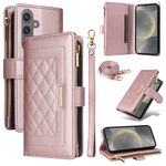 Per Samsung Galaxy S24+ 5G Portafoglio con cerniera a tracolla in pelle a rombi (oro rosa)