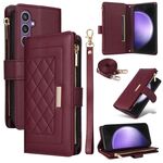 Per Samsung Galaxy S24 FE 5G Portafoglio con cerniera a tracolla in pelle a rombi (rosso vino)