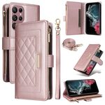 Per Samsung Galaxy S22 Ultra 5G Custodia per telefono in pelle con cerniera a rombi e tracolla (oro rosa)
