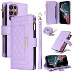 Per Samsung Galaxy S22 Ultra 5G Portafoglio con cerniera a tracolla in pelle a rombi (viola)