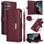 Per Samsung Galaxy S22 Ultra 5G Custodia per telefono in pelle con cerniera a rombi e tracolla (rosso vino)