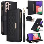 Per Samsung Galaxy S22 5G Custodia per telefono in pelle con cerniera a rombi e tracolla (nera)