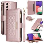 Per Samsung Galaxy S22+ 5G Portafoglio con cerniera a tracolla in pelle a rombi (oro rosa)