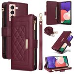 Per Samsung Galaxy S22+ 5G Custodia per telefono in pelle con cerniera a rombi e tracolla (rosso vino)