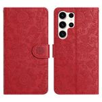 Per Samsung Galaxy S24 Ultra 5G Custodia in pelle con motivo floreale in rilievo (rosso)