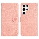 Per Samsung Galaxy S24 Ultra 5G Custodia in pelle con motivo floreale in rilievo (rosa)