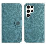 Per Samsung Galaxy S24 Ultra 5G Custodia in pelle con motivo floreale in rilievo (verde scuro)