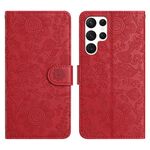 Per Samsung Galaxy S22 Ultra 5G Custodia in pelle con motivo floreale in rilievo (rosso)