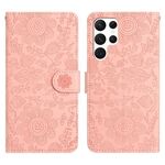 Per Samsung Galaxy S22 Ultra 5G Custodia in pelle con motivo floreale in rilievo (rosa)