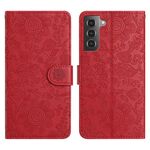 Per Samsung Galaxy S22+ 5G Custodia in pelle con motivo floreale in rilievo (rosso)