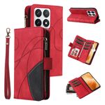 Per Xiaomi 14T Pro Custodia per telefono in pelle con cerniera e 9 scomparti per carte bicolore (rosso)