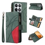 Per Xiaomi 14T Pro Custodia per telefono in pelle con cerniera e 9 scomparti per carte bicolore (verde)