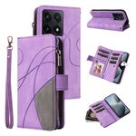 Per Xiaomi 14T Custodia per telefono in pelle con cerniera e 9 scomparti per carte bicolore (viola)