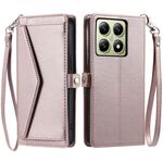 Per Xiaomi 14T Pro Portafoglio Multi-Slot per Carta Custodia in Pelle per Telefono con Lanyard (Oro Rosa)