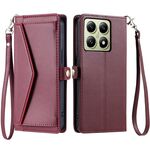 Per Xiaomi 14T Pro Portafoglio Multi-Slot per Carta Custodia in Pelle per Telefono con Lanyard (Rosso Vino)