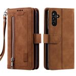 Per Samsung Galaxy S25 5G Custodia per telefono in pelle con cerniera a nove carte con cordino (marrone)