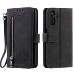 Per Samsung Galaxy S25+ 5G Custodia per telefono in pelle con cerniera a nove carte con cordino (nero)