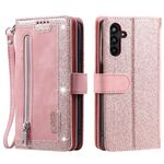 Per Samsung Galaxy S25+ 5G Custodia per telefono in pelle con cerniera a nove carte con cordino (rosa)