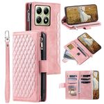 Per Xiaomi 14T Pro Custodia per telefono in pelle con cerniera e cordino con texture a griglia (oro rosa)
