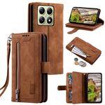 Per Xiaomi 14T Nine Card Zipper Bag Custodia in pelle per telefono con cordino (marrone)