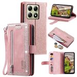 Per Xiaomi 14T Nine Card Zipper Bag Custodia in pelle per telefono con cordino (rosa)