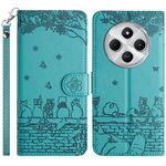 Per Redmi 14C 4G Custodia in pelle con motivo a rilievo di gatto con cordino (blu)