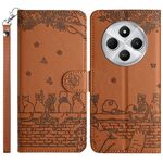 Per Redmi 14C 4G Custodia in pelle con motivo a rilievo di gatto con cordino (marrone)