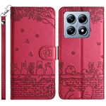 Per Xiaomi 14T Custodia in pelle con motivo in rilievo di gatto con cordino (rosso)