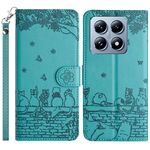 Per Xiaomi 14T Custodia in pelle con motivo in rilievo di gatto con cordino (blu)