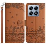 Per Xiaomi 14T Custodia in pelle con motivo a rilievo di gatto con cordino (marrone)