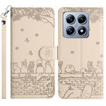 Per Xiaomi 14T Custodia in pelle con motivo in rilievo di gatto con cordino (beige)