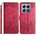 Per Xiaomi 14T Pro Custodia in pelle con motivo in rilievo a forma di gatto con cordino (rosso)