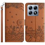 Per Xiaomi 14T Pro Custodia in pelle con motivo in rilievo a forma di gatto con cordino (marrone)