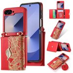 Per Samsung Galaxy Z Flip6 POLA Multi-Card Slots Leaf Pattern Custodia per telefono (rosso)