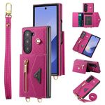 For Samsung Galaxy Z Fold6 POLA Grid Texture Multi-Card Slots Zipper Wallet Phone Case(Rose Red)