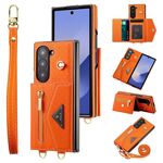 For Samsung Galaxy Z Fold6 POLA Grid Texture Multi-Card Slots Zipper Wallet Phone Case(Orange)
