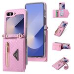 Per Samsung Galaxy Z Flip6 POLA Grid Texture Multi-Card Slots Zipper Wallet Custodia per telefono (Rosa)