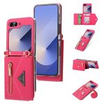 Per Samsung Galaxy Z Flip6 POLA Grid Texture Multi-Card Slots Zipper Wallet Custodia per telefono (Rosa rossa)