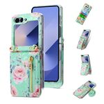 For Samsung Galaxy Z Flip6 POLA Rose Pattern Multi-Card Slots Zipper Wallet Phone Case(Cyan)