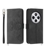 Per Redmi 14C 4G Custodia in pelle con motivo floreale in rilievo (nero)
